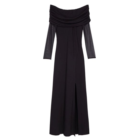 NWT The Kooples‎ Black Long Bardot Jersey Dress Tulle Sleeves Side Slit US 8 - Picture 9 of 13